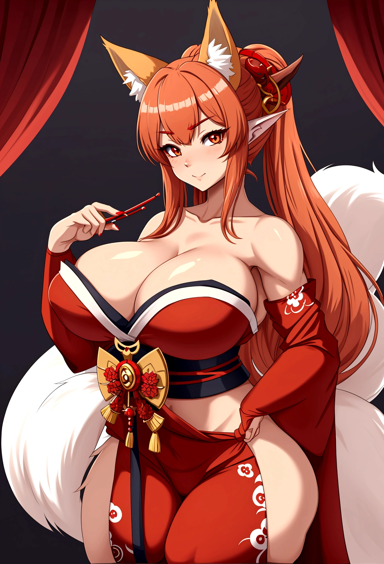 Fox girl extreme muscular body, geisha outfit, fair skin, fox ears, red oni horns, fox paws, 9 fluffy fox tails and gigantic breasts.