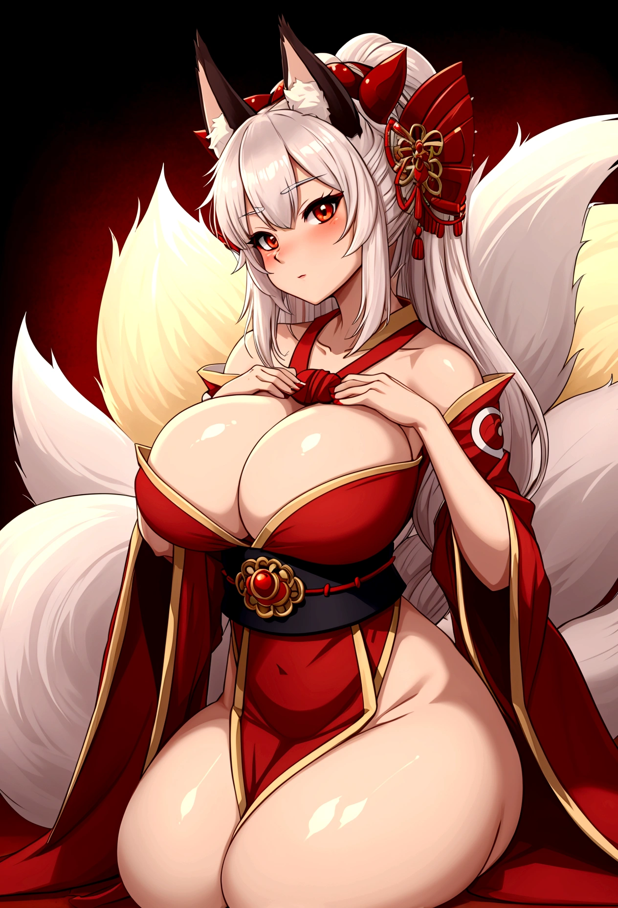 Fox girl extreme muscular body, geisha outfit, fair skin, fox ears, red oni horns, fox paws, 9 fluffy fox tails and gigantic breasts.