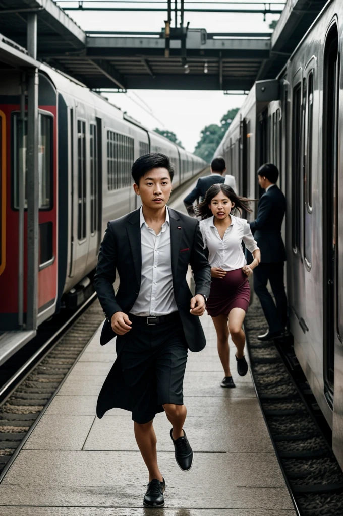 A scene at a train station with ground is made of gravel. An asian man, is seen running alongside a train, holding a  age 7 in his arms. The  is dressed in a maroon blazer and black skirt polkadot. The man is wearing a white shirt, black trousers, and black shoes. Beside them,a preggy asian woman, is seen running. She's wearing a white maternity short dress. Anxious expression. They were chased by group of zombie ???????????. intricate details, HDR, beautifully shot, hyperrealistic, sharp focus, 64 megapixels, perfect composition, high contrast, cinematic, atmospheric, moody