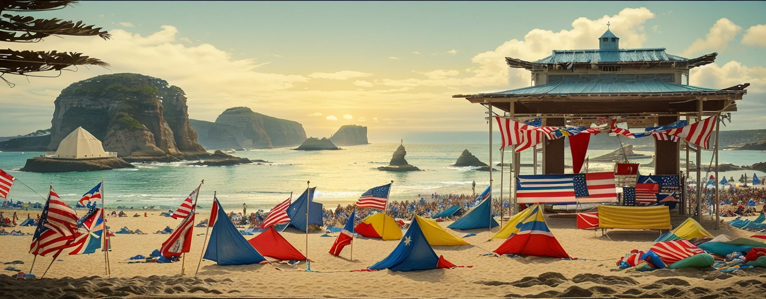  festivals, flags,Blue Coast, beach, by Bill_Brauer, best quality, masterpiece, very aesthetic, perfect composition, intricate details, ultra-detailed