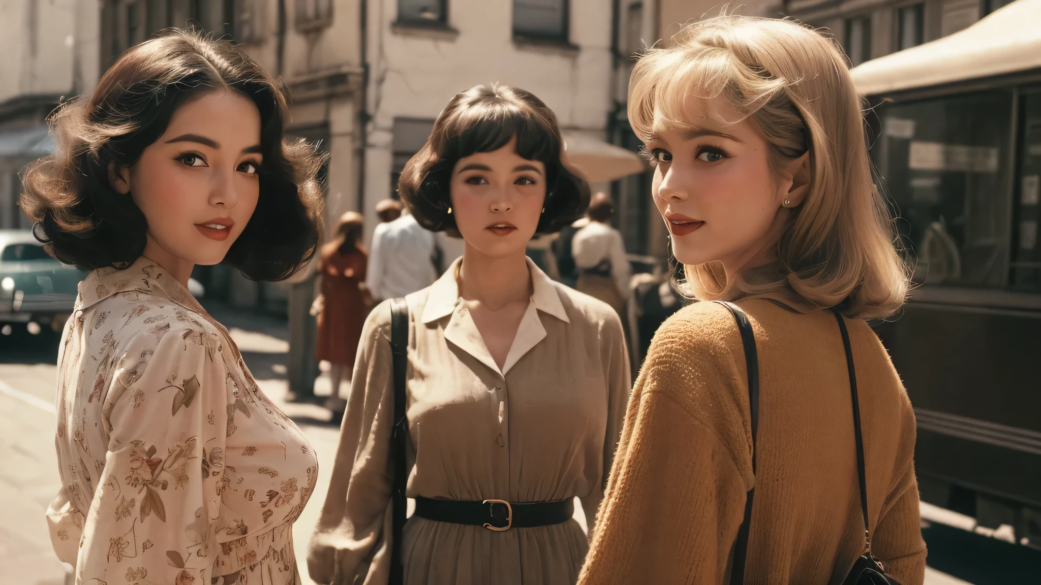 (1970s women:1.3), (1women:1.3), smile shyly, (highly detailed face), (extremely detailed beautiful face), (Early Showa hairstyle, retro hairstyle, 1940 fashionable clothing, oldies fashion:1.3), (Best Quality:1.4), (Ultra-detailed), extremely detailed CG unified 8k wallpaper, Realistic portrait, Beautiful detailed, High-definition raw color photos, professional photography, (fine face:1.2), focus on women, (oldies, oldies songs, Old photos, retro photos, sepia photos, valuable photos that give you a sense of the times), A scene from a retro movie from the 1970s,