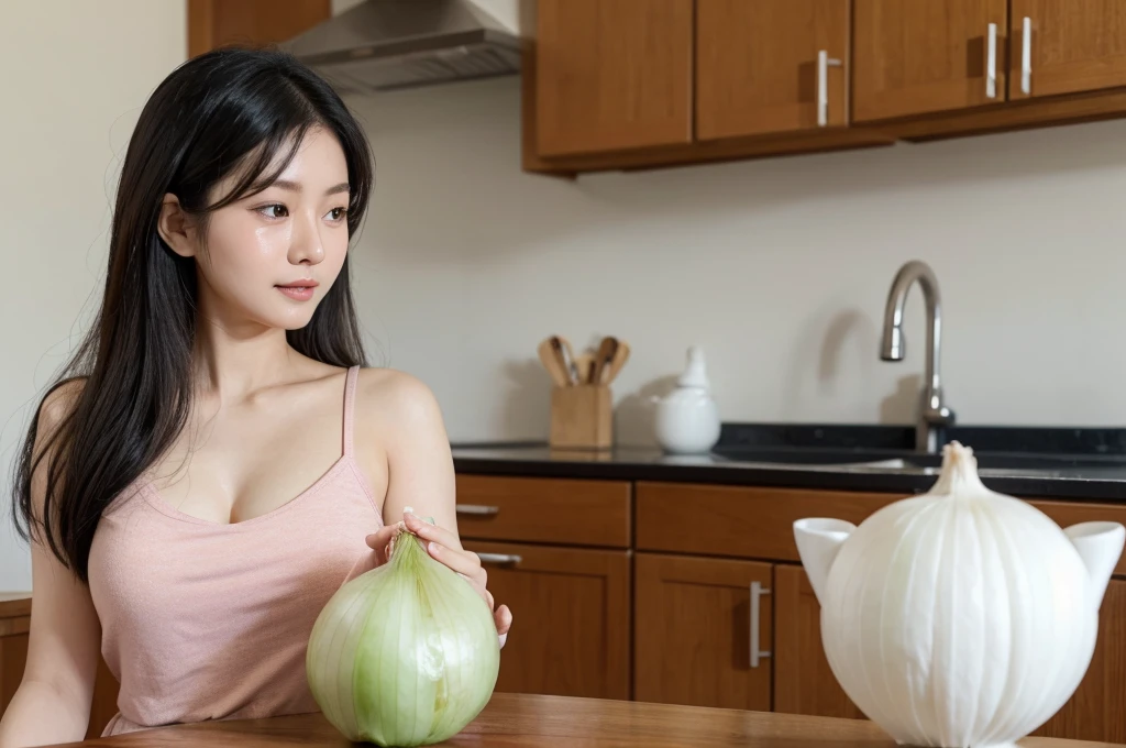 An Asian housewife in her 20s put onions in water while holding them in her hand. Then, she looks like a kitchen peeling an onion. A live-action photo of high quality realism.