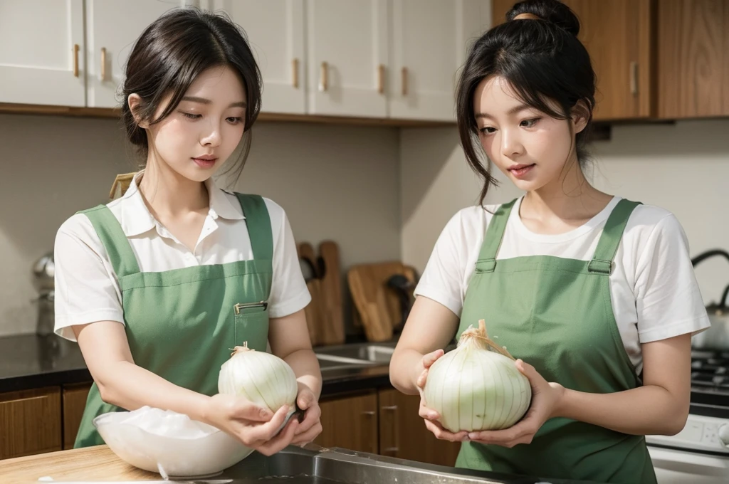 An Asian housewife in her 20s put onions in water while holding them in her hand. Then, she looks like a kitchen peeling an onion. A live-action photo of high quality realism.