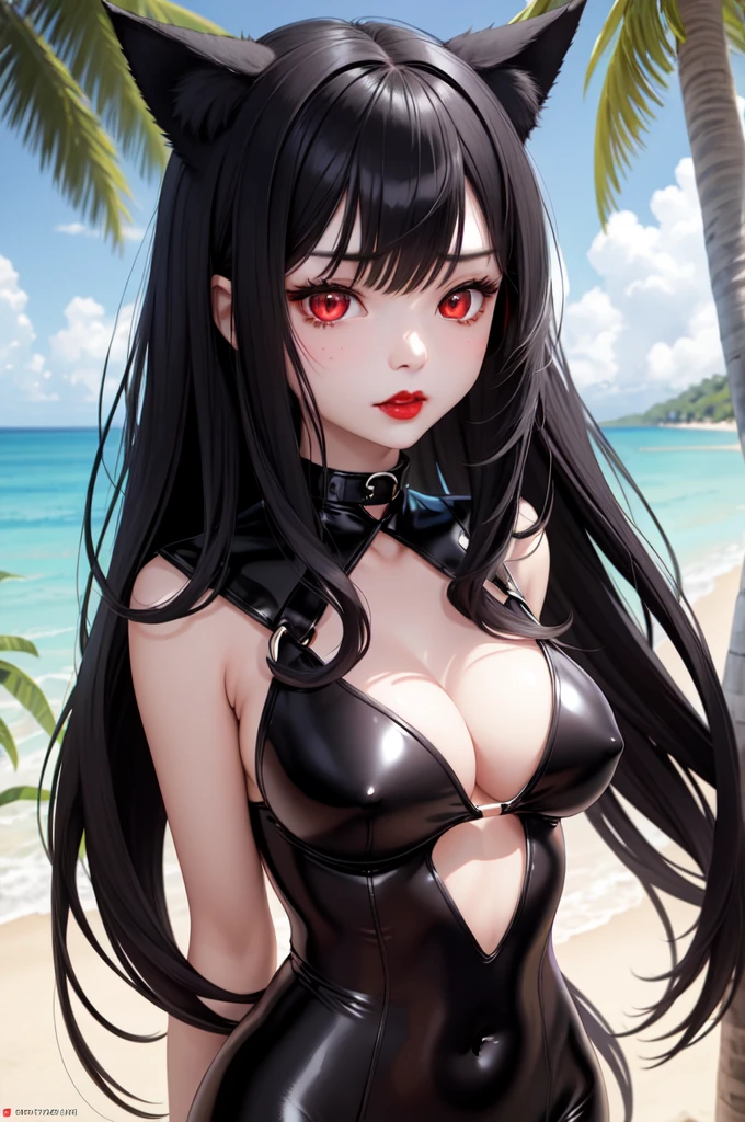 1 girl、Detailed facial details,Cat ear,Black long hair,Red lips,Slim,Large Breasts,Wearing a black latex bodysuit,Navel,Charming red eyes,Handcuffs,Collar,Radiant Skin,Bright beach,coconut tree