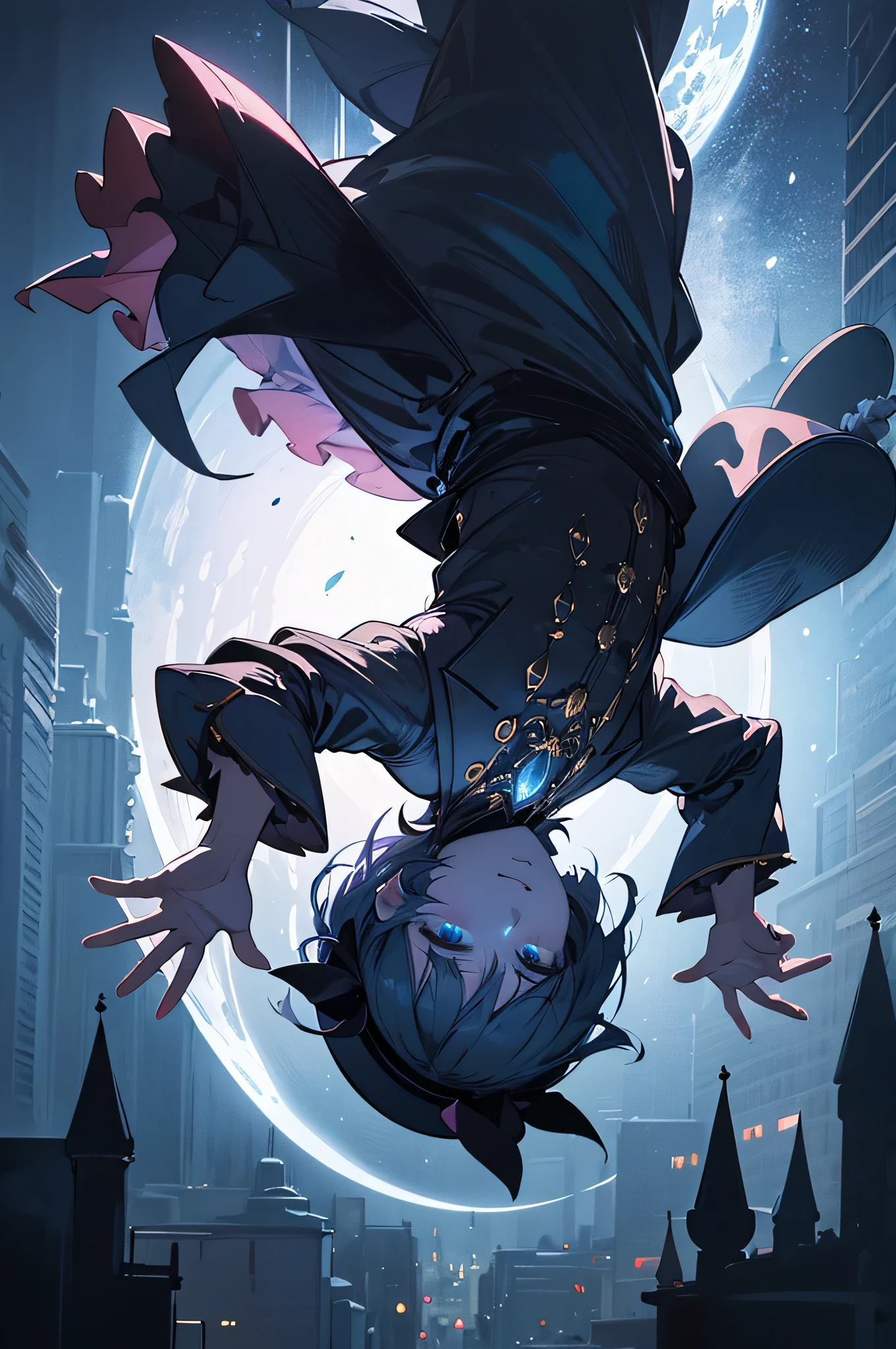 a mysterious male clown figure in a night city street, upside down, holding a hat, illuminated by moonlight, intricate details, masterpiece, photorealistic, exquisite lighting, dark atmosphere, surreal, cinematic, chiaroscuro, dramatic