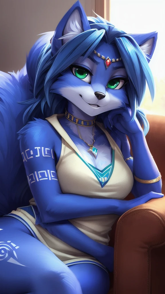 A beautiful and detailed (sweet portrait) wa ((Krystal)), Star Fox Krystal, sslim, lovable, green eyes, medium breasts, (((Long blue hair 1.3))), Decollete, anthro, furry, Uploaded E621, detailed fluffy fur, (wa Fluff-Kevlar, Bayard Wu, personalize me, Pino Daeni), detailed face, (fluffy), 1 girl,  alone, wears comfortable clothes, sitting on the sofa,  sitting on a sofa, everyday clothes, heller pullover 1.3,