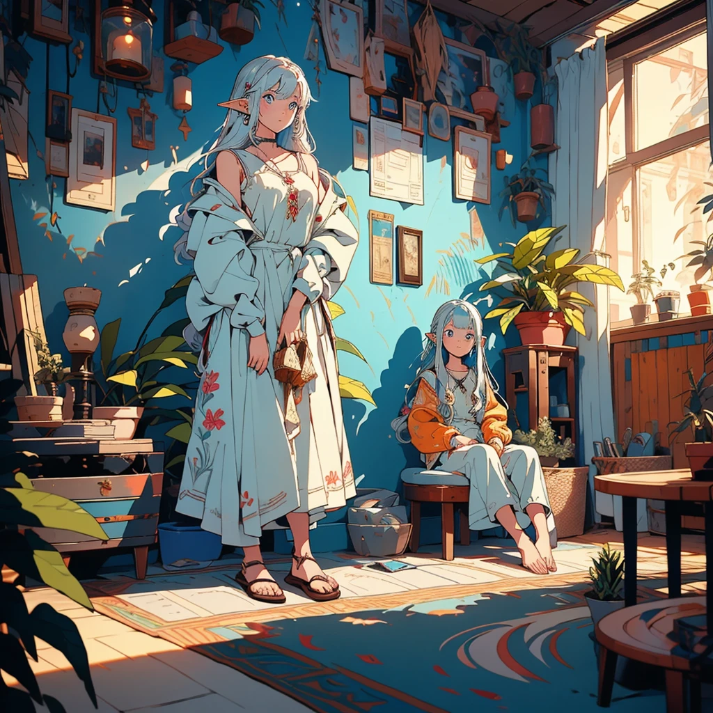 Medium shot of Jäänamileet sitting alone.
Jäänamileet: Young elf girl, around 8 years old, with long sky-blue hair and sky-blue pupilless eyes, wearing simple outfit, flowing garments made from natural fibers, adorned with subtle elven patterns.
Background: Room decorated with nature motifs, filled with plants.
Action: Watching her friends Manssiääne and Jyrisikko packing to leave.
Manssiääne: Young elf girl, around 5 years old, with red hair and eyes.
Jyrisikko: Young elf boy, around 8 years old, with white hair and blue eyes.
Outfits: Simple travel clothes.