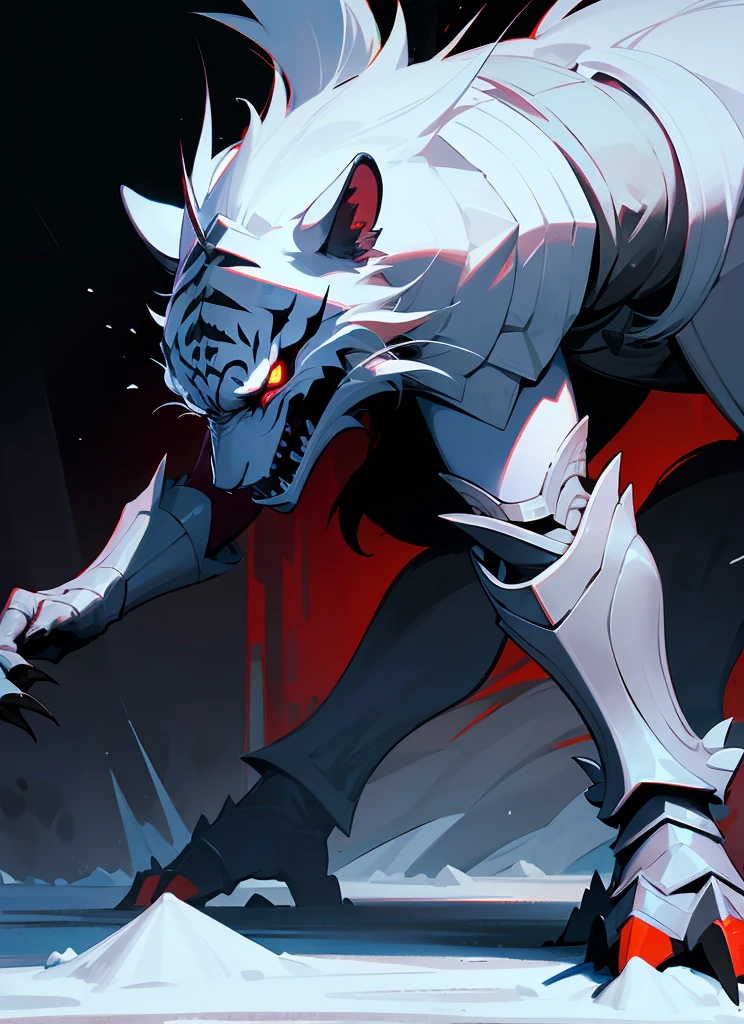1Big white royal tigerhuman, scarry,red blood ,big claw, hunger, frozen blackground, stronger, animal, stand on to legs, big, old,snow cloth, lycan, fantasy, wearing armor coat, 