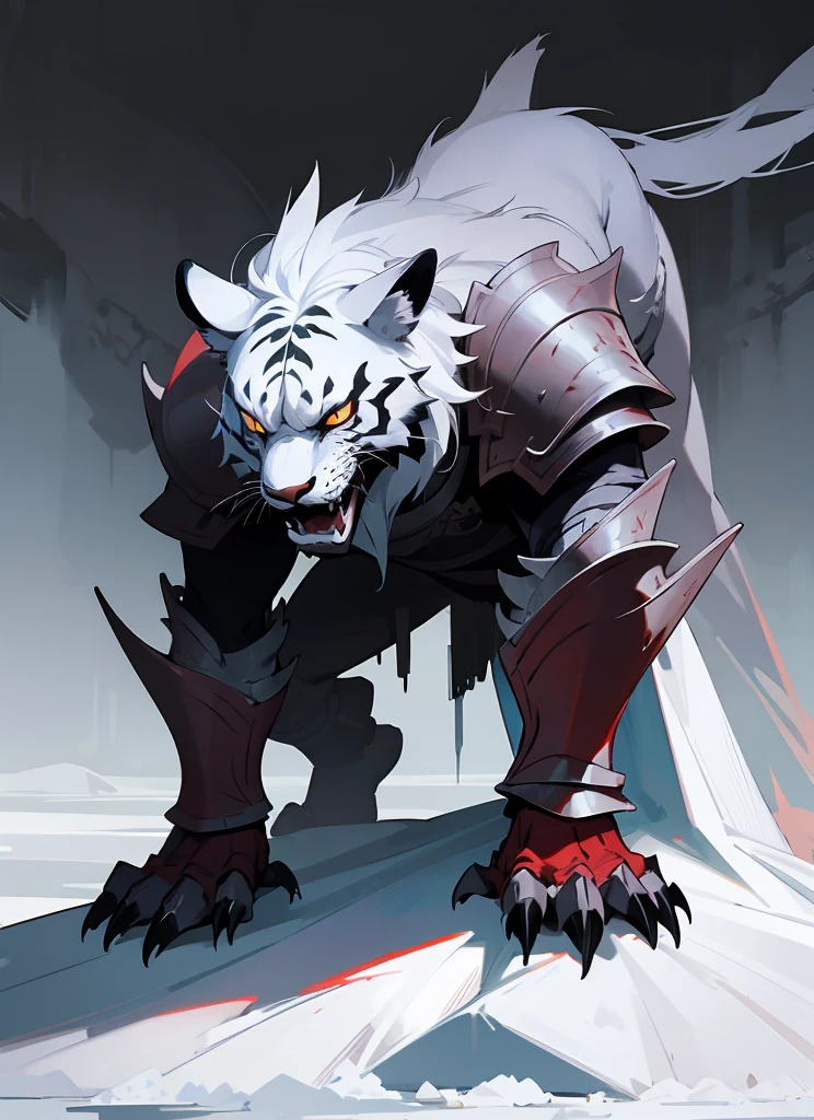 1Big white royal tigerhuman, scarry,red blood ,big claw, hunger, frozen blackground, stronger, animal, stand on to legs, big, old,snow cloth, lycan, fantasy, wearing armor coat,