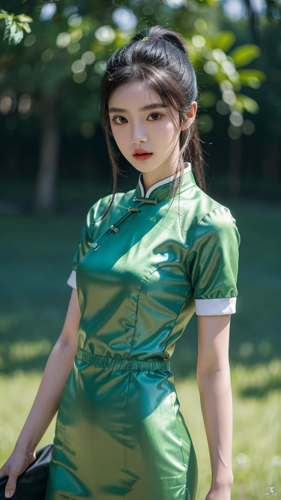 korean model , slim body , 167cm ，Movie Angle，long black ponytails hairstyle, （Cute girl， correct, Pastel Spring Green chinese qipao with short sleeves，（ art，geomerty），（plethora of colorest quality，high detail，tmasterpiece，Cinematic lighting effects，4K，Chiaroscuro ), 