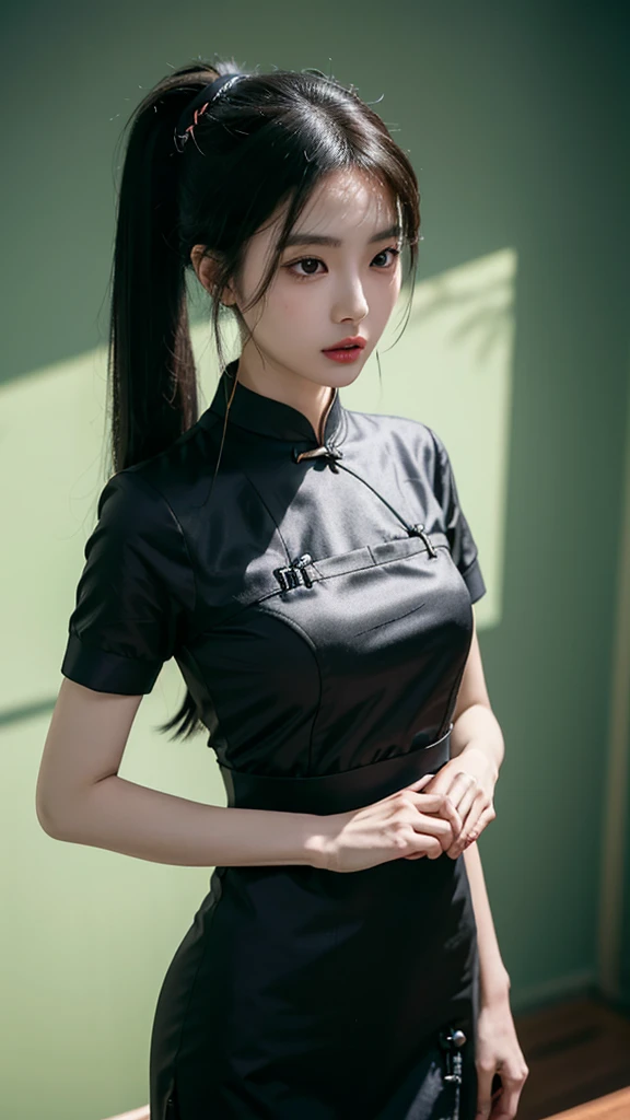 korean model , slim body , 167cm ,Movie Angle,long black ponytails hairstyle, (Cute girl,anatomy correct, Pastel Spring Green chinese qipao with short sleeves,( art,geomerty),(plethora of colorest quality,high detail,tmasterpiece,Cinematic lighting effects,4K,Chiaroscuro ),