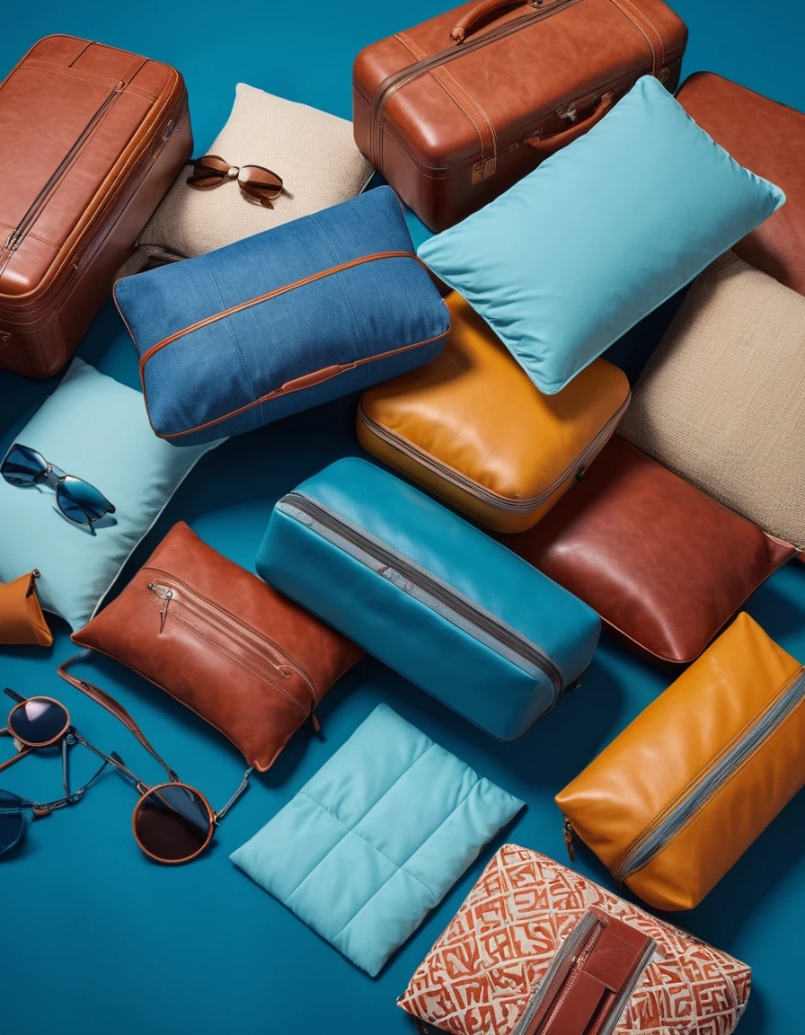 des valises modernes et accessoires masques de voyage, coussins de voyage  sur fond bleu code couleur #9AC8EB et rose code couleur #DB6A8F , très réaliste, sacs à dos