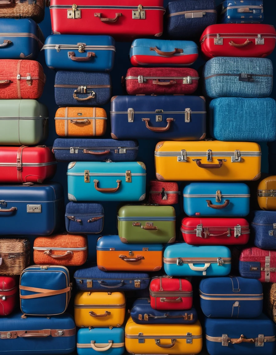 des valises modernes et accessoires masques de voyage, coussins de voyage sur fond bleu code couleur #9AC8EB et rose code couleur #DB6A8F , très réaliste, sacs à dos