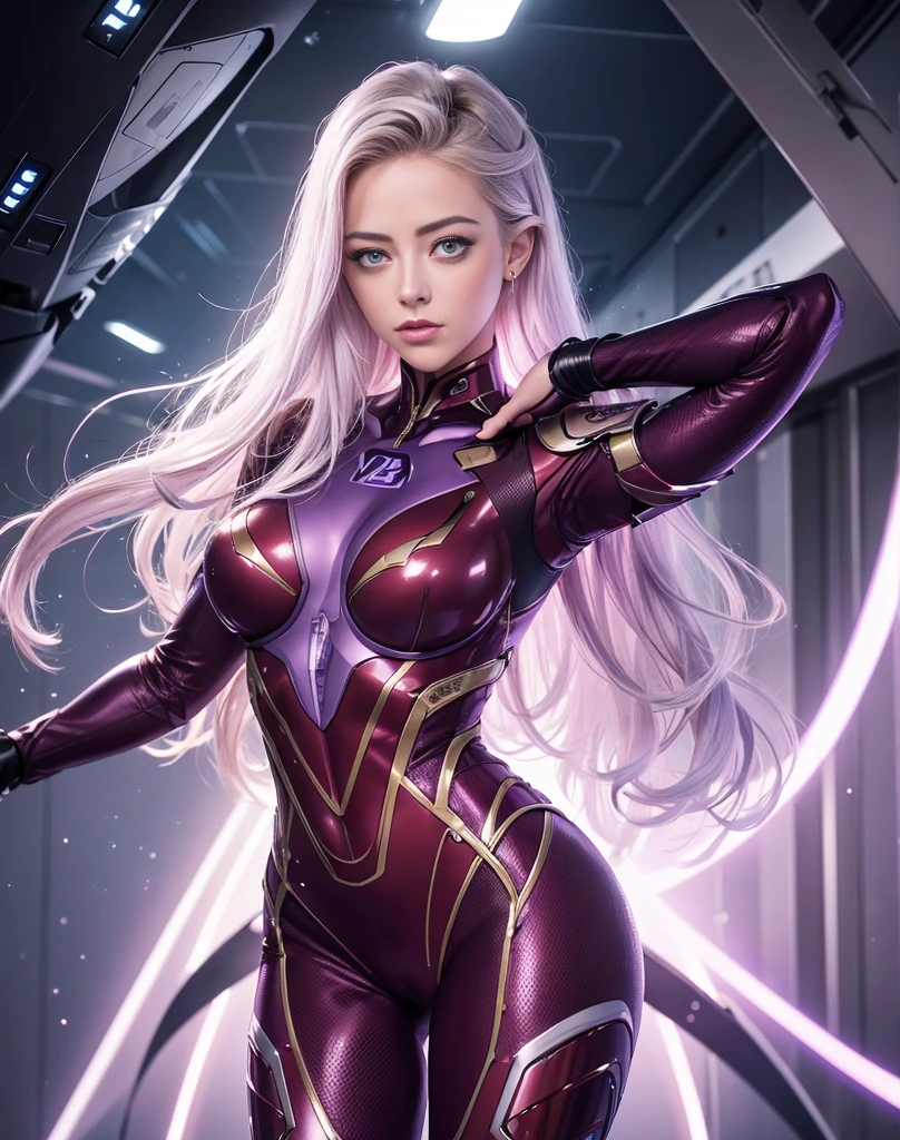 (Best Quality, high resolution, Masterpiece: 1.2), ultra detailed, realist: 1.37, (perfect anatomy), whole body, 1 girl in, flying, a beautiful and perfect AMBER HEARD, 28 years old, (FLIGHT ATTENDANT) ) beautiful eyes, combat pose, whole body, detailed facial features, detailed hair, Detailed costume, Dazzling eyes, Beautiful lips (wearing a red bionic suit, violet and white) long, Led light, Cyberspace