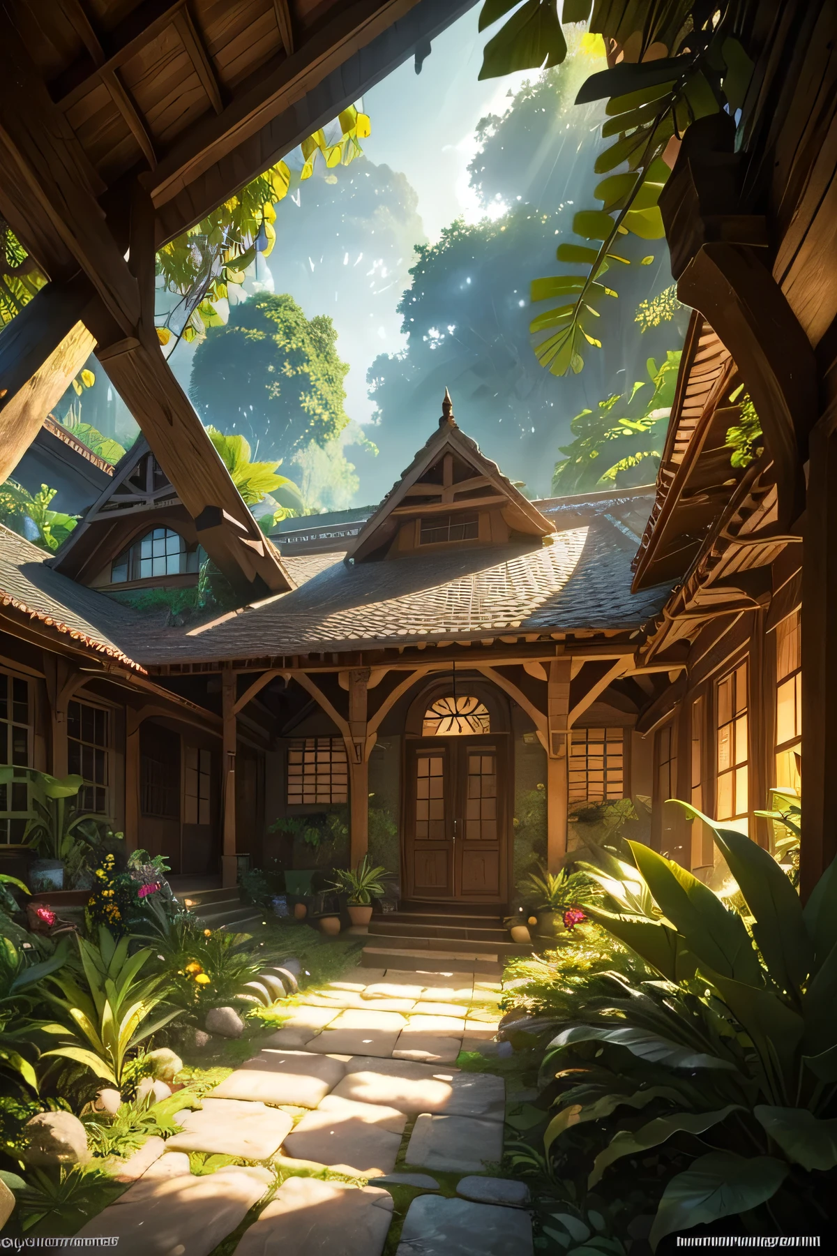 detailed painting of a large jungle house, lush tropical forest, sunlight filtering through leaves, stone pathway leading to the house, wooden architecture with large windows, vines climbing up the walls, exotic flowers and plants surrounding the house, birds and butterflies in the air, realistic lighting and shadows, vibrant colors, Unreal Engine, 8K, photorealistic