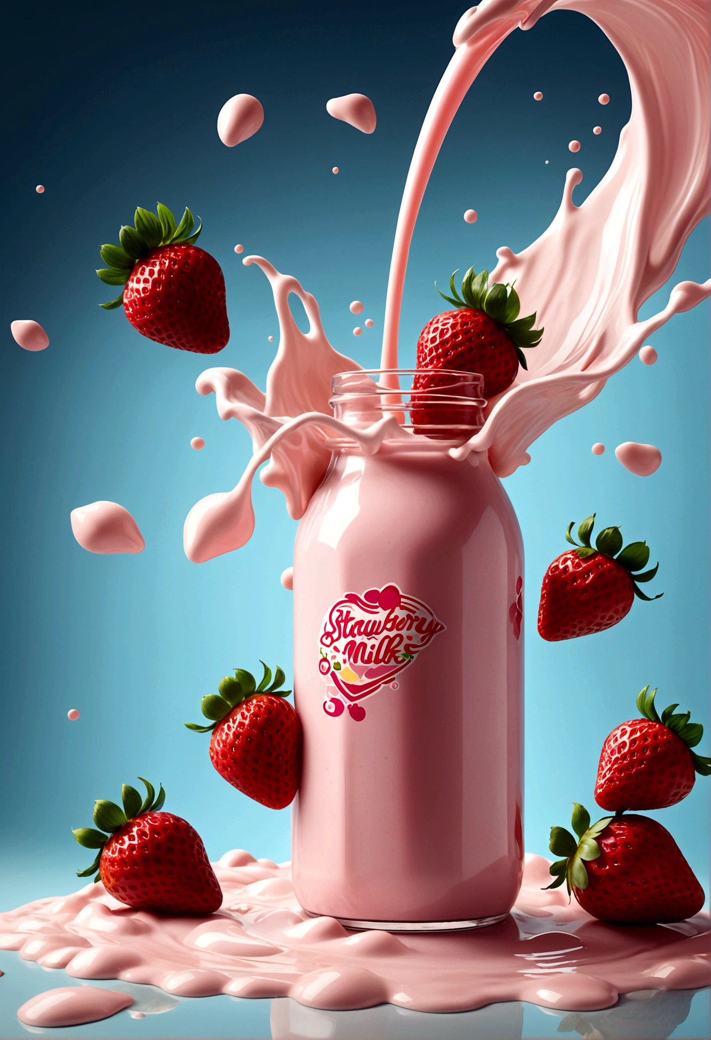 strawberry milk bottle, strawberries flying around. design