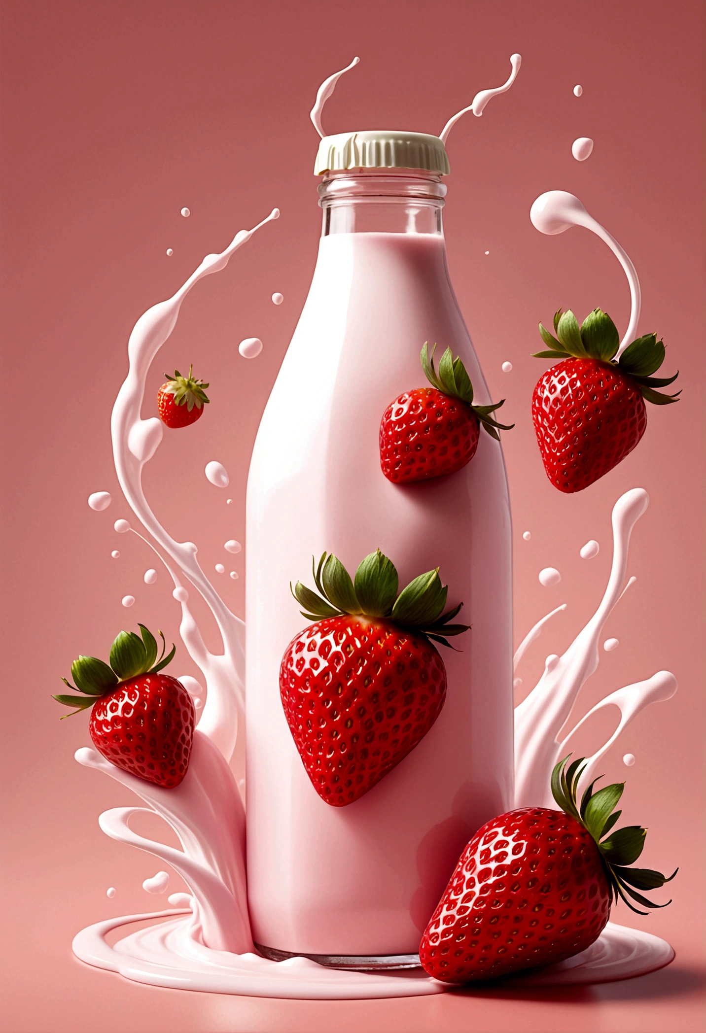 strawberry milk bottle, strawberries flying around. design