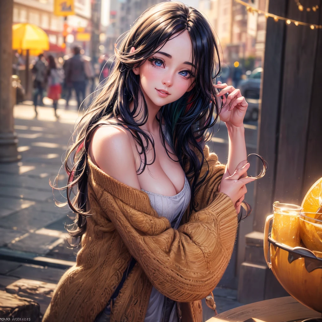 a cute smiling , beautiful detailed eyes, beautiful detailed lips, extremely detailed face and eyes, long eyelashes, beautiful long hair with multicolored streaks, perfect with cardigan, lovely young girl, sensual, erotic, full body shot, surreal, photo-realistic, (best quality,4k,8k,highres,masterpiece:1.2),ultra-detailed,(realistic,photorealistic,photo-realistic:1.37),HDR,UHD,studio lighting,ultra-fine painting,sharp focus,physically-based rendering,extreme detail description,professional,vivid colors,bokeh