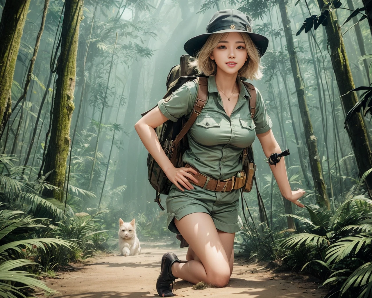 8K, masutepiece, Raw photo, Best Quality, Photorealistic, Highly detailed CG Unity 8k wallpaper, depth of fields, Professional Lighting, Ray tracing, (Extremely beautiful face, Beautiful lips, Beautiful eyes), intricate detail face, ((Ultra detailed skin)) 1girl in, deepshadow, Cute s, ((Looking at Viewer)), (seducting smile), (Blurry background), (long saggy breasts:1.3), (Large breasts、Huge breasts:1.5), (Female soldiers:1.3), Clear eyes, black backgrounds, Front shot, (pale skin), Face forward, (Big eyes), (upperbody shot), (Camel toe), (Camouflage T-shirt), (hi-top fade:1.5), ((I can see panties:1.3)),