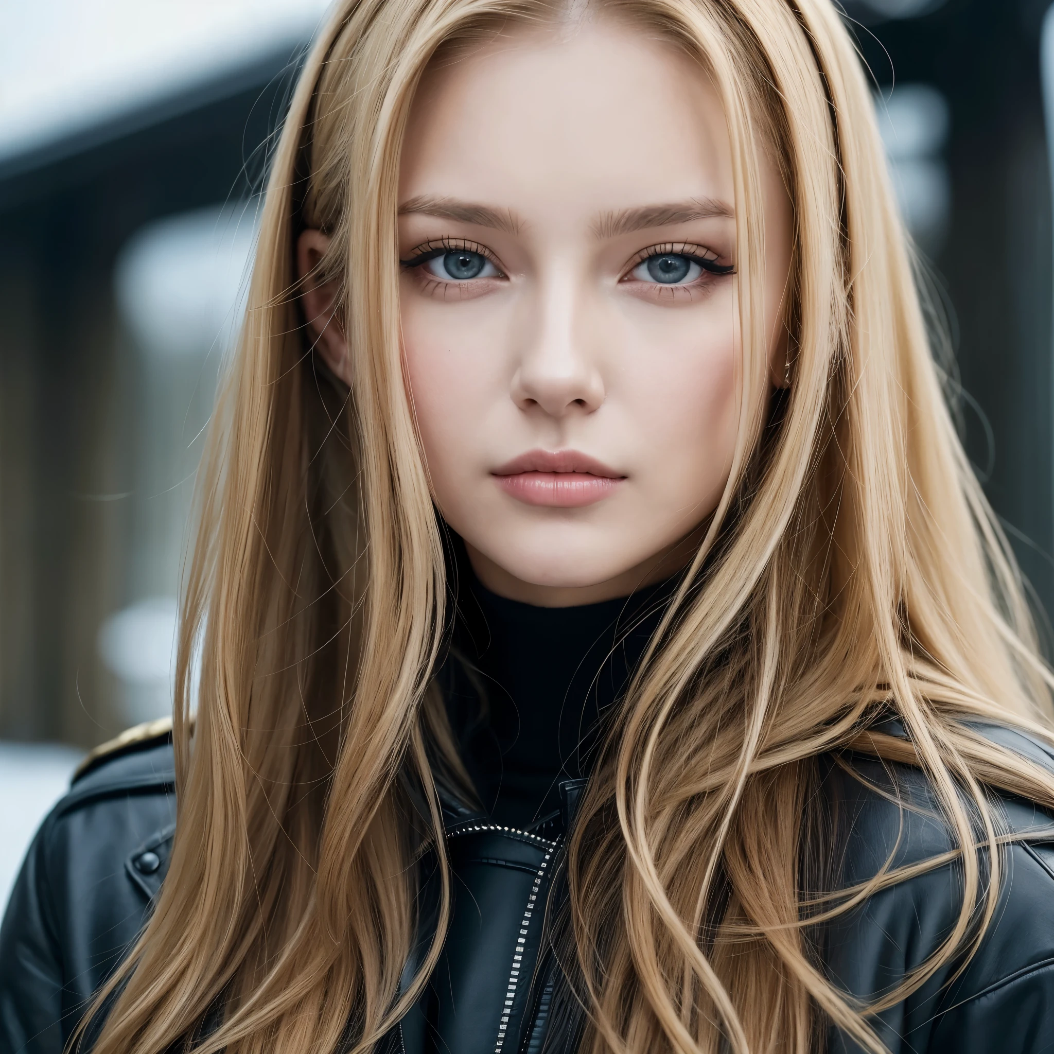 Close up portrait of long-haired woman in black jacket, Brunette with dyed blonde hair, Dasha Taran, Aleksandra Waliszewska, Angelina Stroganova, Very beautiful face, Anna Nikonova、Also known as New Milky, Gorgeous blonde, Gorgeous and attractive face, Beautiful face with brown blonde hair, beautiful nordic woman, nodded
