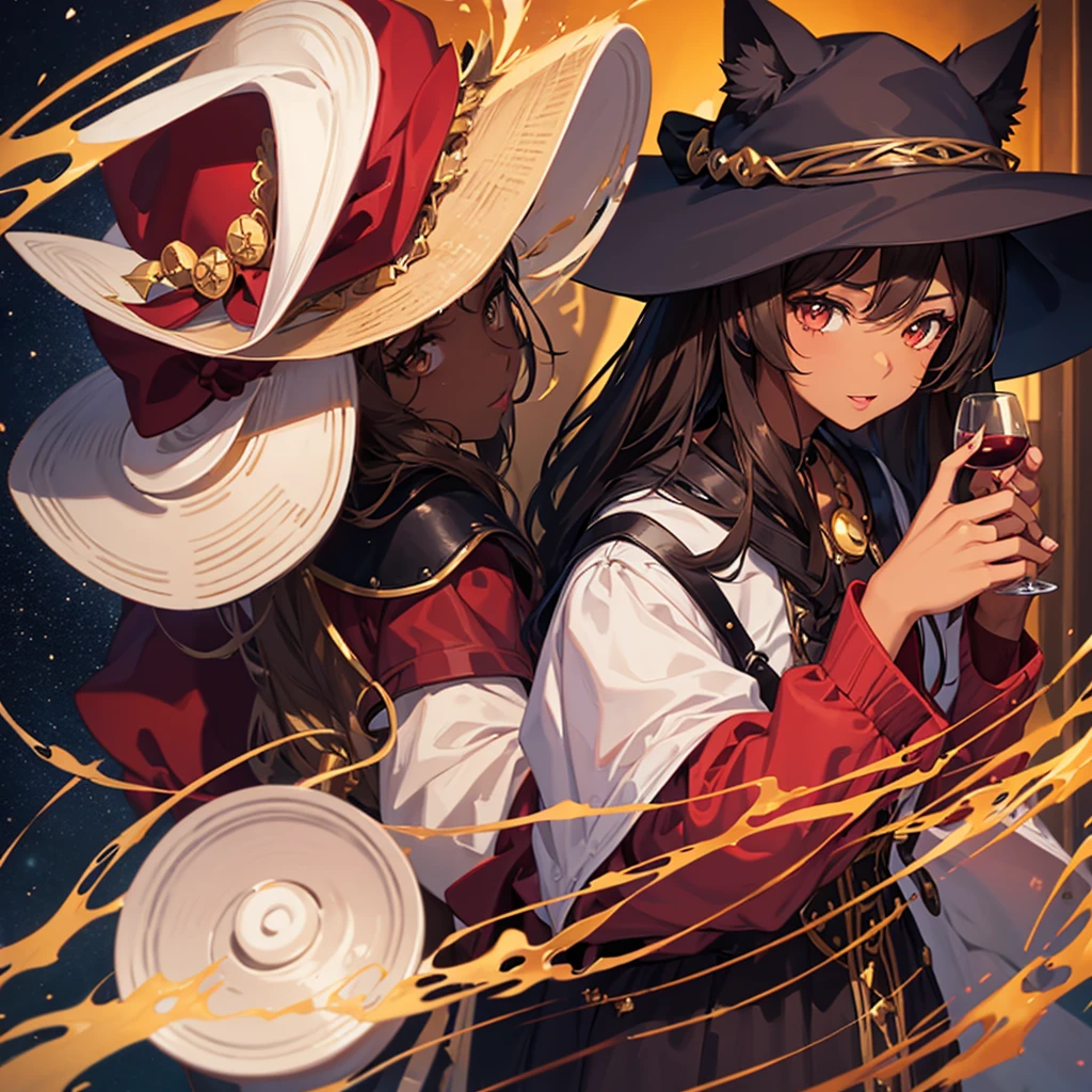 Girl with brown skin and dark brown medium hair and dark brown eyes and a black witch hat with a wine red lining inside the hat and cat ears on the hat. Making a spell