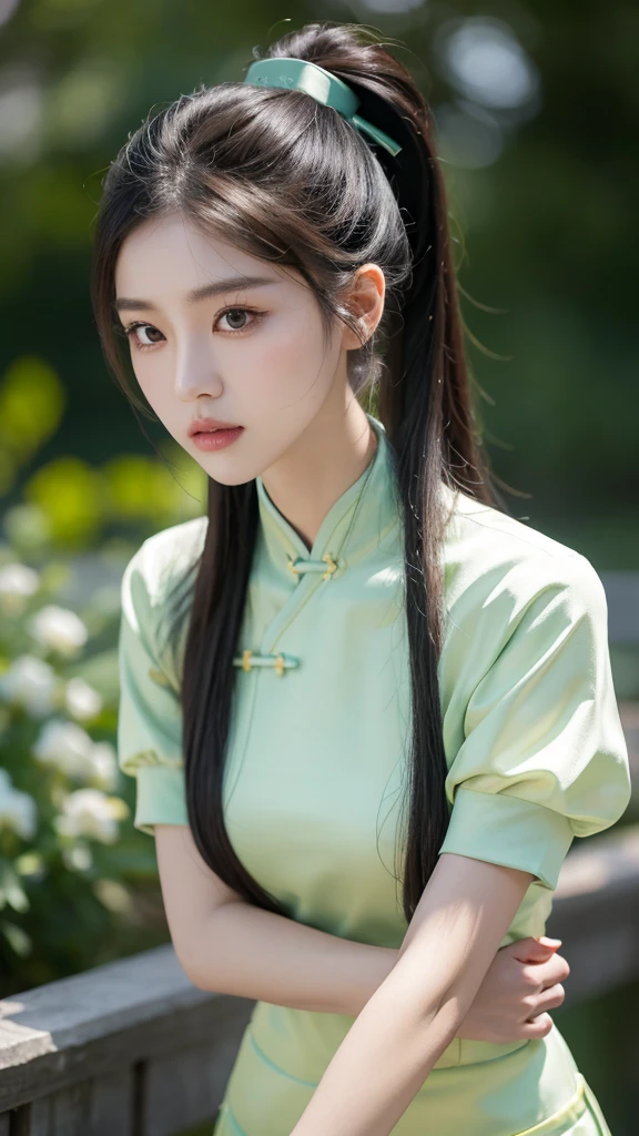 korean model , slim body , medium breasts, 167cm ，Movie Angle，long black ponytails hairstyle, （Cute girl, face of innocent ，anatomy correct, Pastel Spring Green chinese qipao with short sleeves，（ art，geomerty），（plethora of colorest quality，high detail，tmasterpiece，Cinematic lighting effects，4K，Chiaroscuro ), 