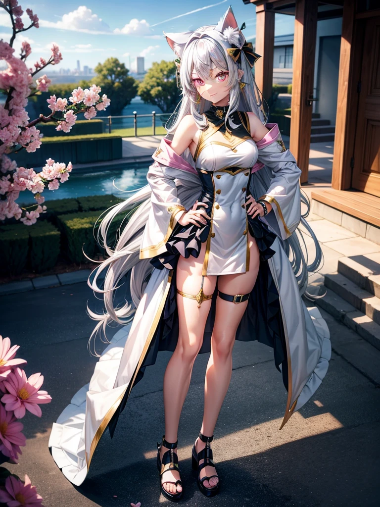 Silver hair, pink eyes, body, cat ears, sexy girl, earrings, flower sky background, green gold uniform, hair bows, hand on hip, happy face, full body