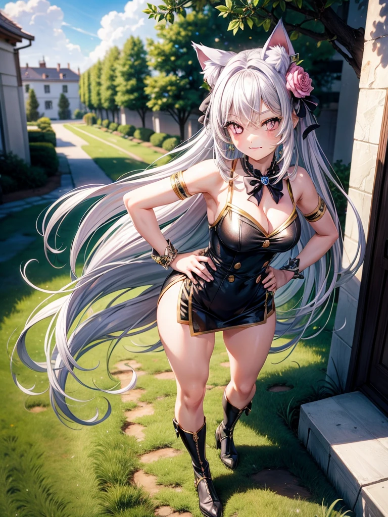 Silver hair, pink eyes, body, cat ears, sexy girl, earrings, flower sky background, green gold uniform, hair bows, hand on hip, happy face, full body