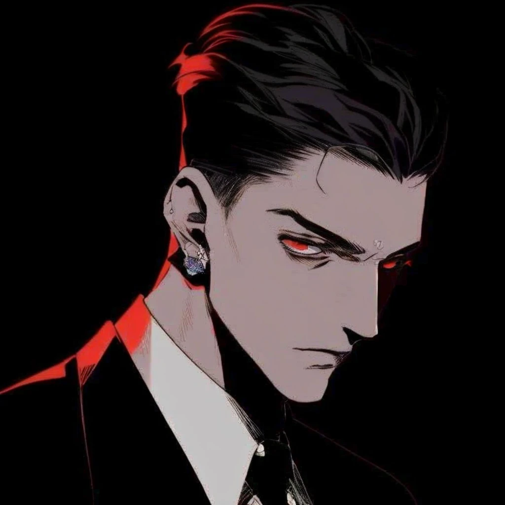 Close-up of man in suit and tie with blue eyes, Handsome young man in the art of defeating demons, defeated technology. Neo Estilo Preto, Neo Estilo Preto, He is very scary and evil., male style anime, Handsome boy anime, Handsome Japanese demon boy, Kentaro Miura manga art style, Anime art style trigger, male anime characters, cute anime poses
