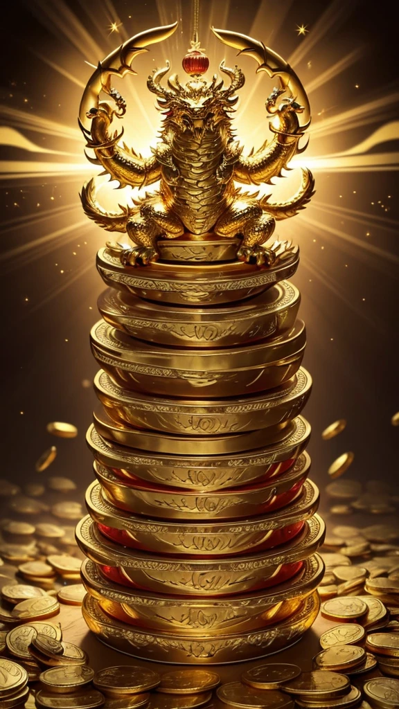 gold coins in mouth,Chinese dragon, five claws,Chinese dragon, five claws,Chinese dragon, five claws,on the pile of treasure,gold bars,gold coins,large amount of gold coins,whole body,light,divine,god,shining,light,divine,god,shining,shining,light,divine,god,shining