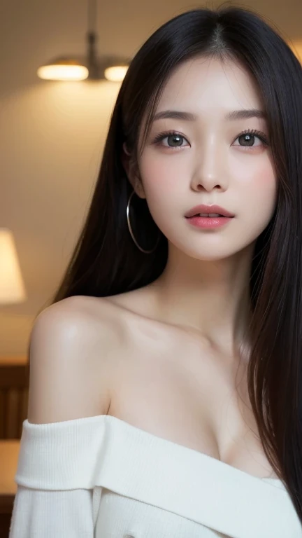 Tabletop, highest quality, Photorealistic, finely, High resolution, 8k wallpaper, Perfect dynamic composition, Beautiful and beautiful eyes,flat chest, clavicle, shoulder, slender body,
black straight hair, long hair, Forehead, , Random sexy poses,Chest to chest、(off shoulder)、(Breast Swelling 1.2)、Laughter、Open your mouth、Age 12、(Droopy Eyes 1.4)、Adult Beauty、Japanese