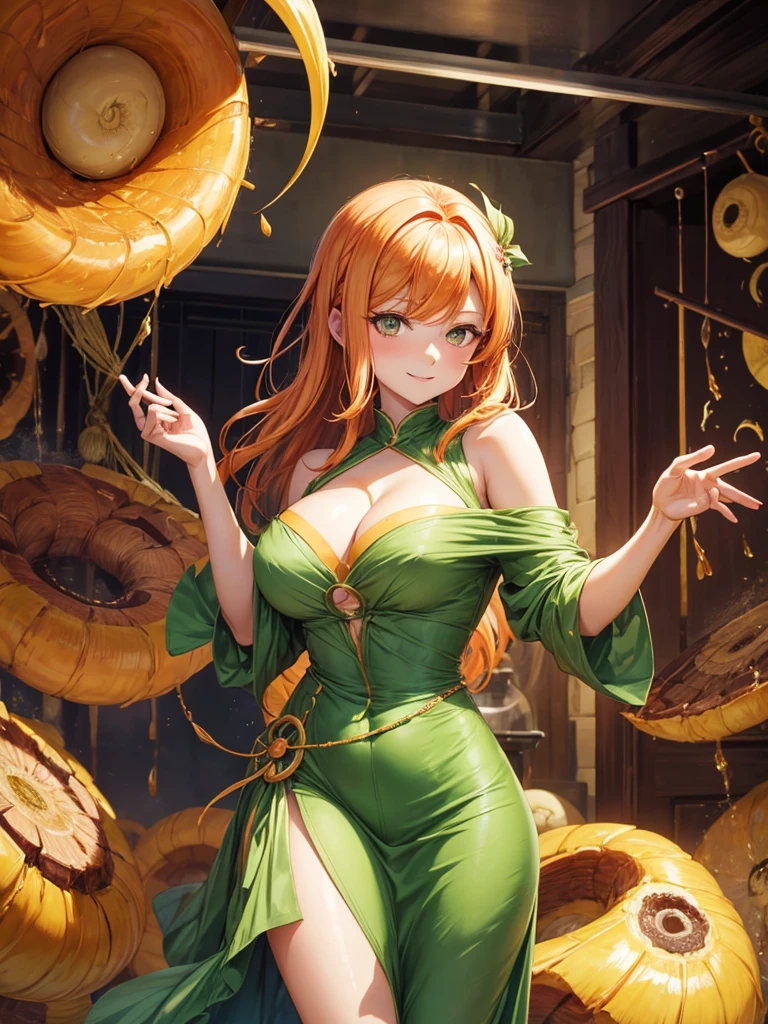 uzumaki_kushina, large_breasts, standing, solo, kushina_green_dress, masterpiece, best quality, detailed face, detailed eyes, highres, smile, (masterpiece:1.4, best quality:1.2), (Highres), (Detailed Illustration), Ultra-Detailed, konohagakure, uzumaki_kushina, kushina_green_dress, standing straight, looking in front,
