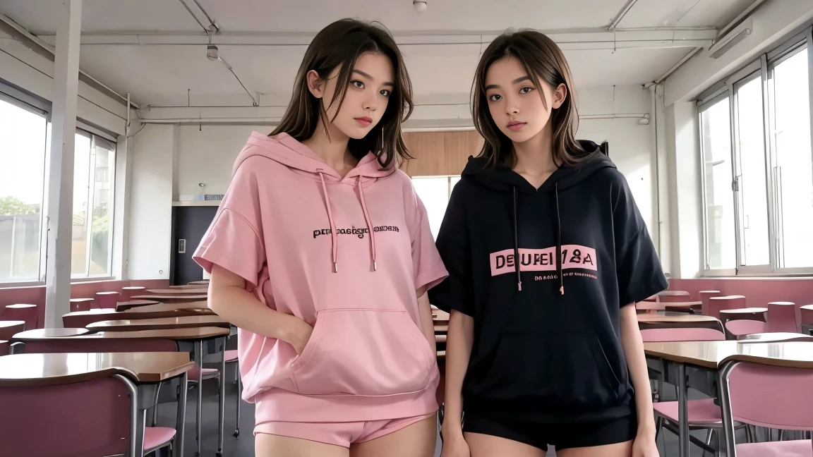 deux femmes ensemble de 18 ans sexy et mince , pink short sleeve hoodie , salle de classe, se touche,position sey,sensuel