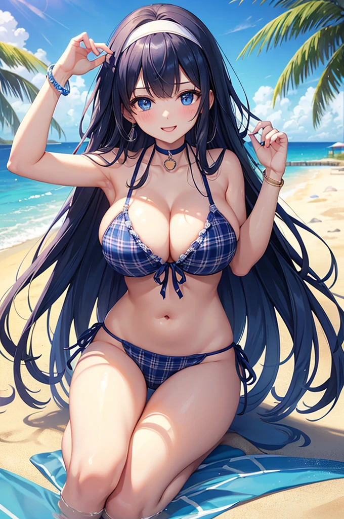 Highest quality、Highest quality、masterpiece、Beauty(Age 25)、Navy blue long hair(Hide one eye with bangs)、blue eyes、Sexy plaid bikini、Big cleavage、(Big Breasts),smile、Blue Earrings、background(Beach)、Please open your mouth wide、White headband、bracelet、Dynamic pose、Blue choker