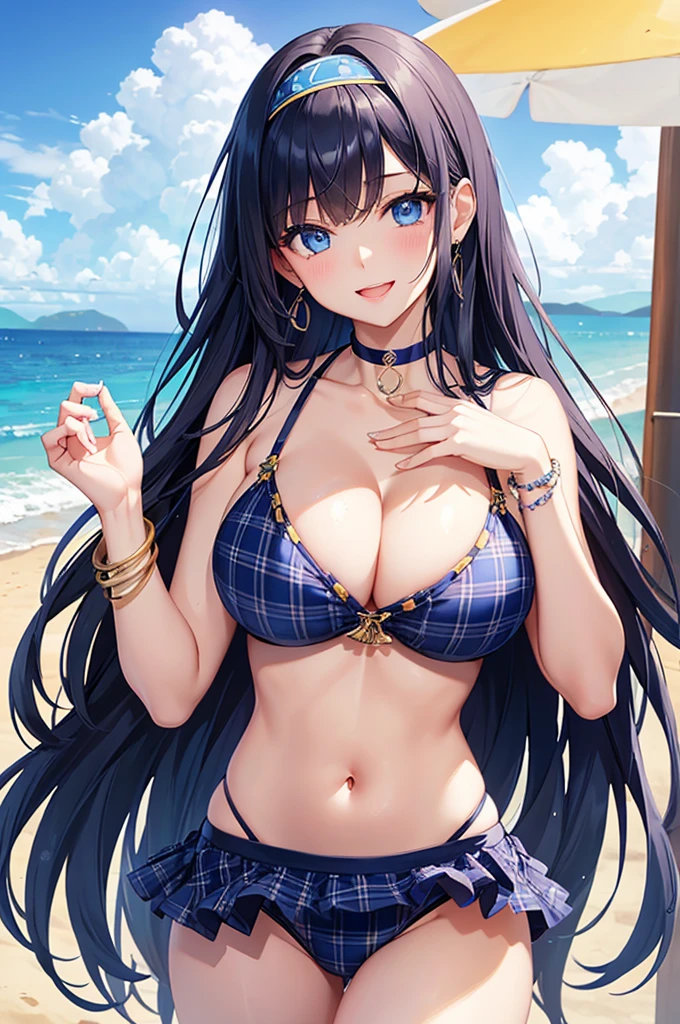 Highest quality、Highest quality、masterpiece、Beauty(Age 25)、Navy blue long hair(Hide one eye with bangs)、blue eyes、Sexy plaid bikini、Big cleavage、(Big Breasts),smile、Blue Earrings、background(Beach)、Please open your mouth wide、White headband、bracelet、Dynamic pose、Blue choker