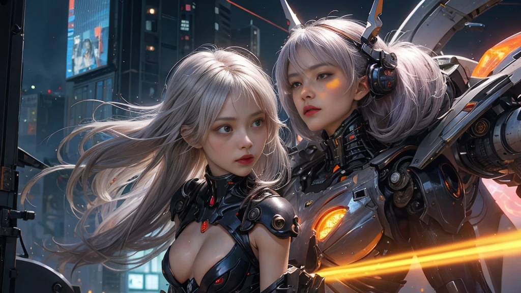 white hair、Silver hair with pink gradients、long fluttering hair、strong breeze、Orange Eyes、radiant eyes、Evangelion Girl、small tit、Breasts are small and B size、The face and chest are alive、Cleavage is visible。photoRealstic、portfolio、Evangelion-style metal mecha suit、an oppai cyberpunk、Gothloli detailetalic、detailed mechanical components、Bundle of thin tubeetal cylinder、Detailed neon、Fine LED、Top quality microcomponents、Delicate orange and black suit wrapped in machine、A large mechanical weapon protecting her in the background、Hair that flutters in the wind、full body