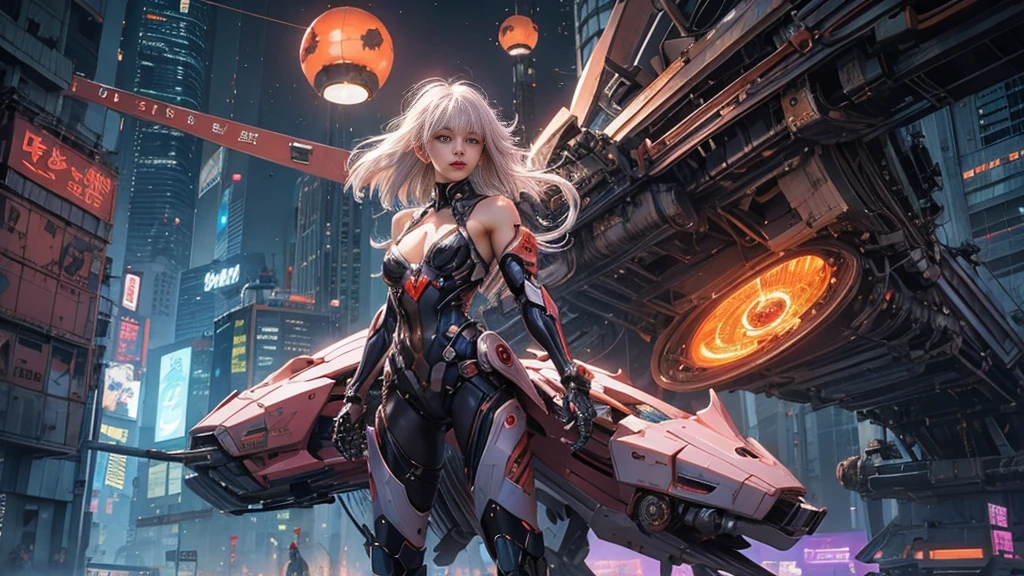 white hair、Silver hair with pink gradients、long fluttering hair、strong breeze、Orange Eyes、radiant eyes、Evangelion Girl、small tit、Breasts are small and B size、The face and chest are alive、Cleavage is visible。photoRealstic、portfolio、Evangelion-style metal mecha suit、an oppai cyberpunk、Gothloli detailetalic、detailed mechanical components、Bundle of thin tubeetal cylinder、Detailed neon、Fine LED、Top quality microcomponents、Delicate orange and black suit wrapped in machine、A large mechanical weapon protecting her in the background、Hair that flutters in the wind、full body