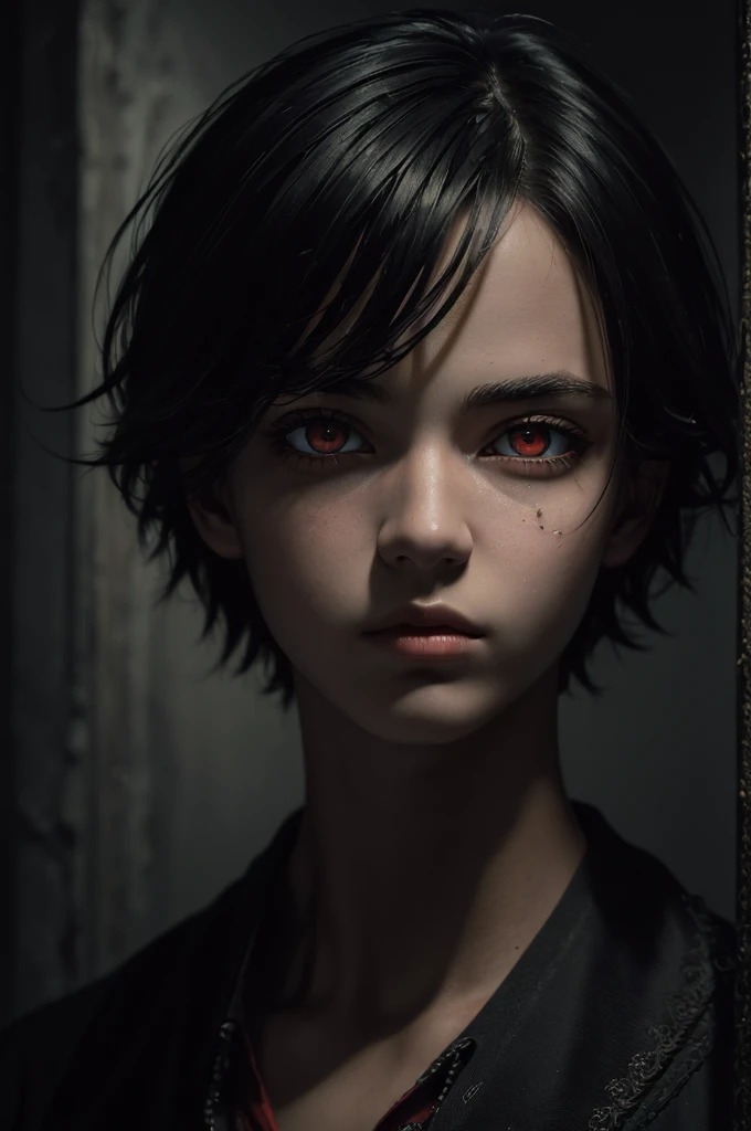 high res, (masterpiece:1.6), (((dark atmosphere))), dark lighting, (best quality:1.4), best illustration, best shadow, depth of field, detailed eyes, sharp pupils, best dark, beautiful, detailed face, 1boy, short, cute, black hair, red eyes