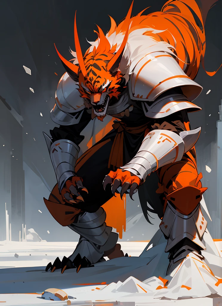 1Big whiteorange royal tigerhuman, scarry,red blood ,big claw, hunger, frozen blackground, stronger, animal, stand on to legs, big, old,snow cloth, lycan, fantasy, wearing armor coat,