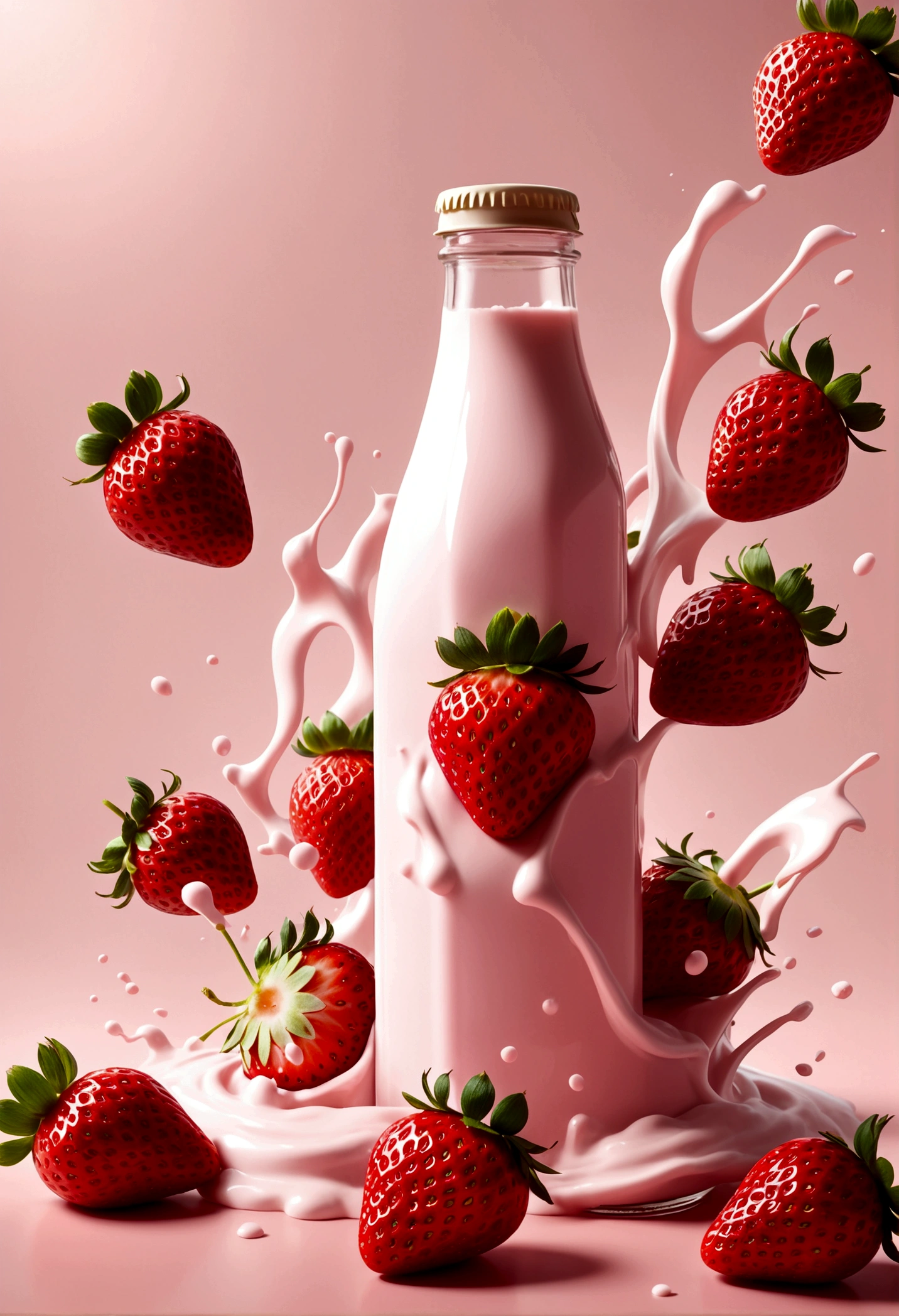 strawberry milk bottle, strawberries flying around. design