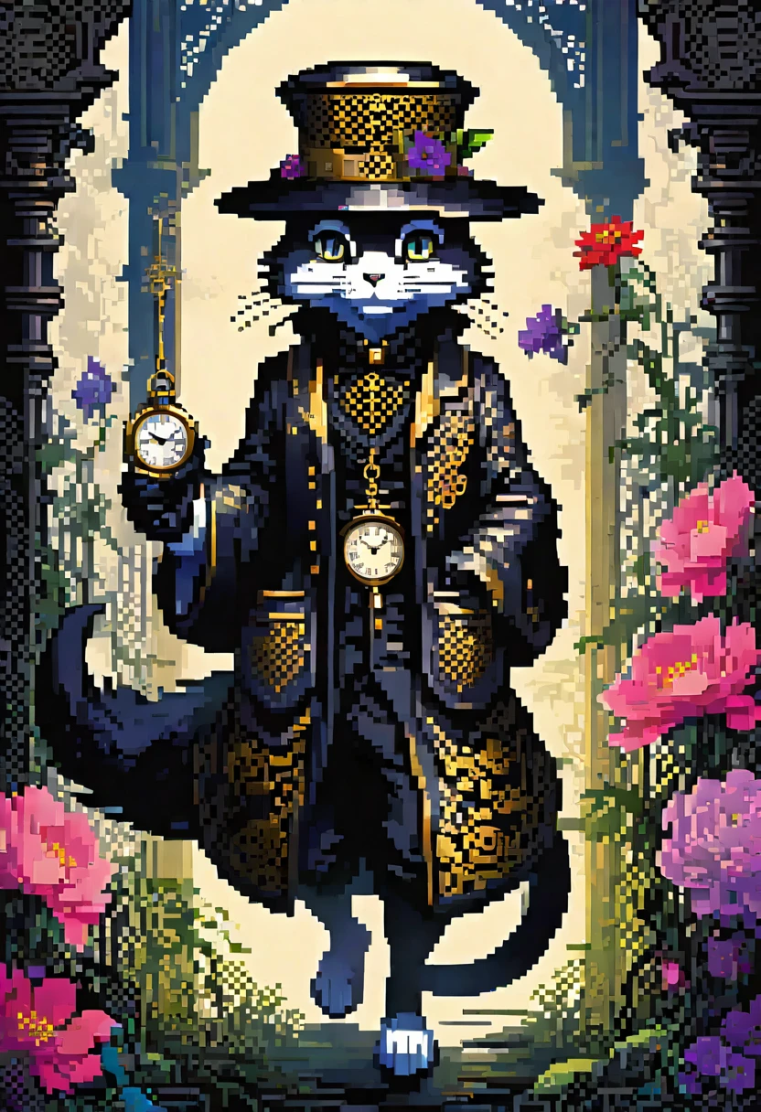 (best quality, high resolution, Ultra-detail)Silhouette(Kemono, pelziger Anthropologe)holding eye-catching pocket watch, surrounded by flowers, Snakes and darkness, illustrative representation, Intricate detailing, mysterious atmosphere, bright colours, dynamic lighting , Gothic Style,