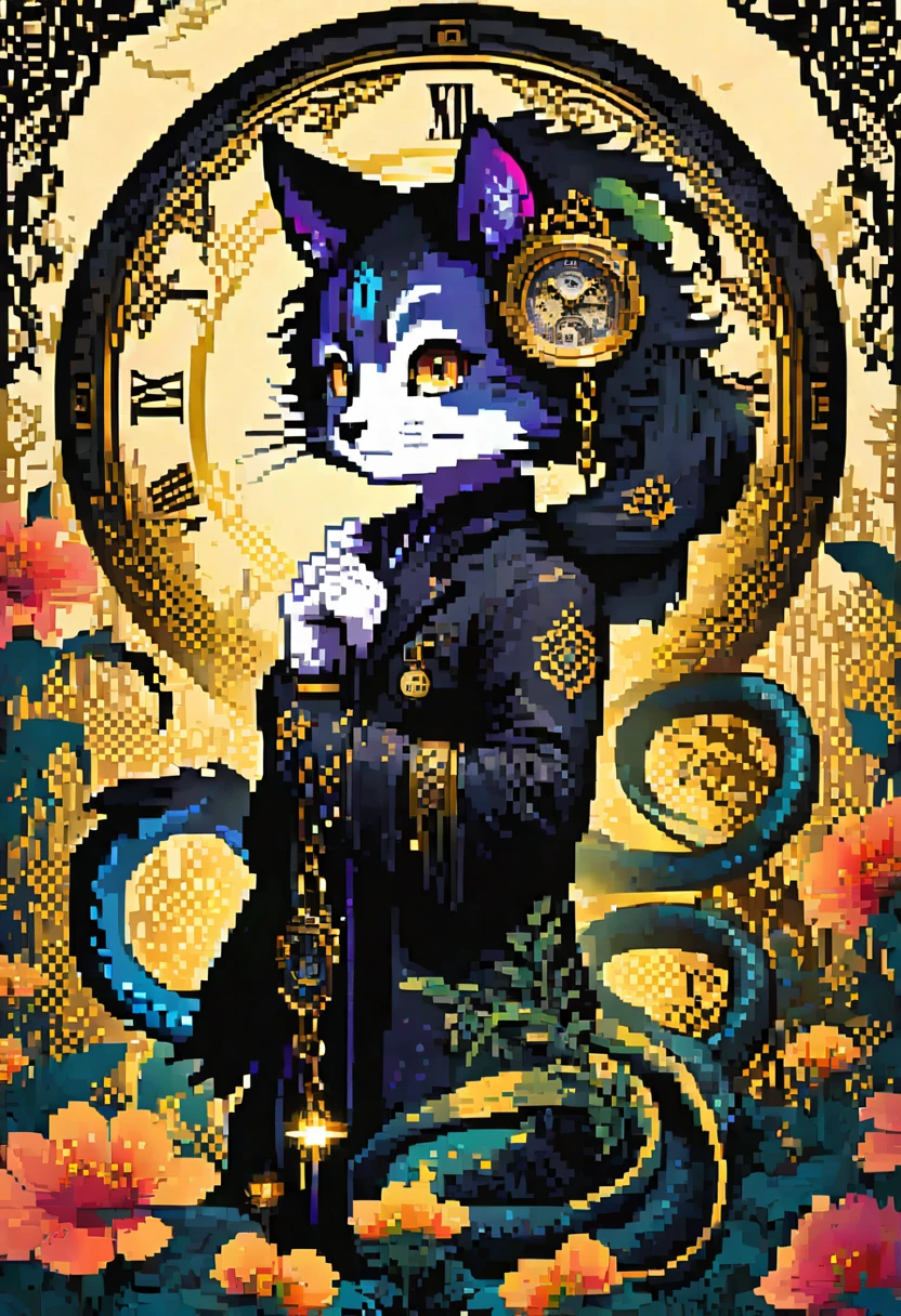 (best quality, high resolution, Ultra-detail)Silhouette(Kemono, pelziger Anthropologe)holding eye-catching pocket watch, surrounded by flowers, Snakes and darkness, illustrative representation, Intricate detailing, mysterious atmosphere, bright colours, dynamic lighting , Gothic Style,
