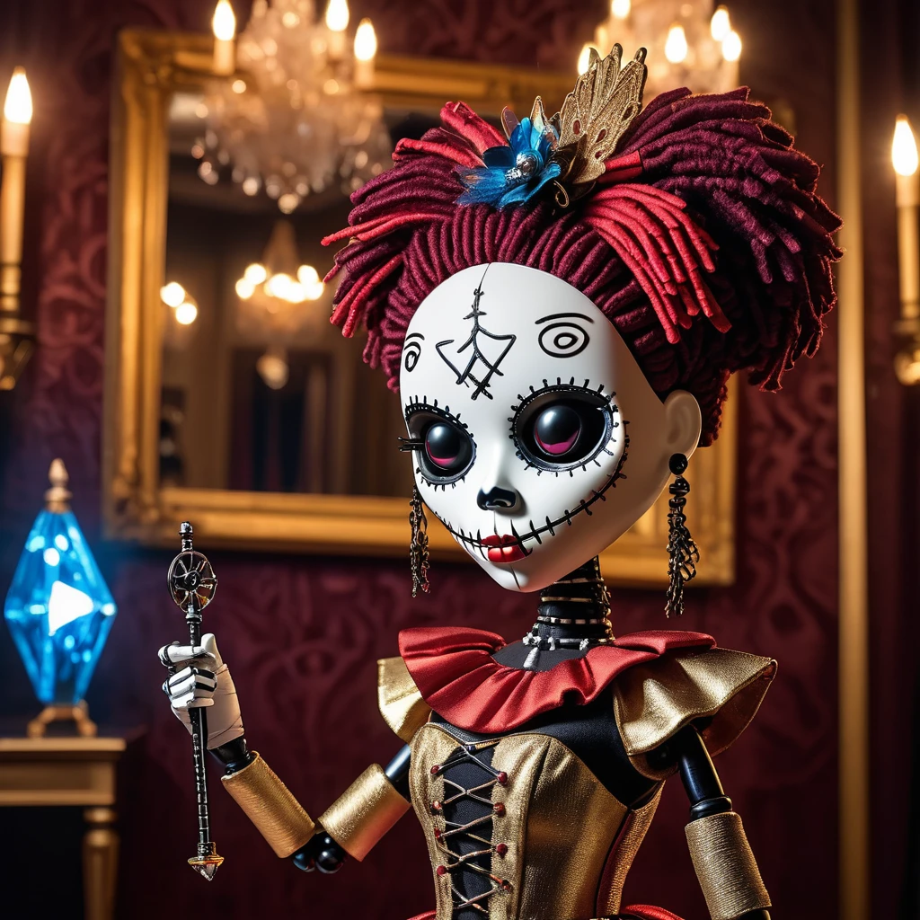 (knitted toy voodoo doll:1.7), (Voodoo Mirror Masquerade:1.3), (Clothing: shimmering dress with mirror fragments, reflective cape:1.0), (Accessories: mirror mask, crystal wand, mirrored gloves:1.2), (background: grand ballroom with reflective surfaces and floating light orbs, elegant chandeliers casting intricate shadows:1.2), best quality, masterpiece, detailed soft oil painting, detailed background, dramatic cinematic lighting, soft edge lighting, professional, dramatic lighting, hard edge lighting, ultra quality, 4k,masterpiece, best quality, 8k, ultra highres, highres, extremely detailed