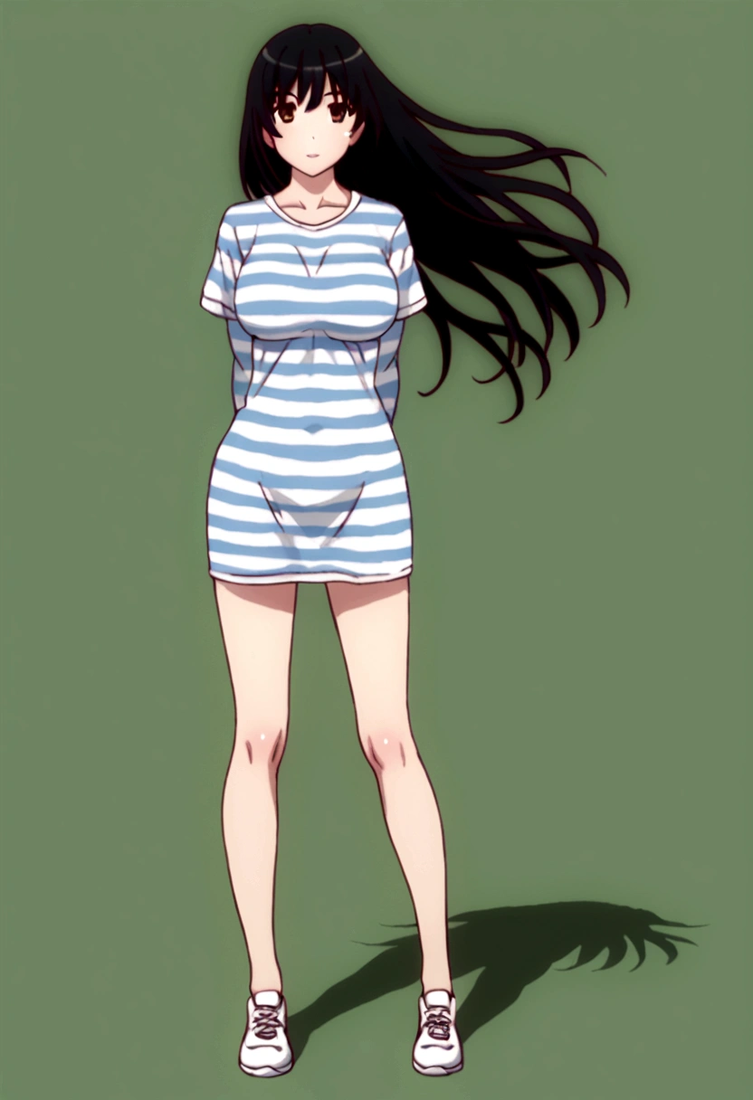 an anime woman 30 years with her arms behind her back, dressed as a prisoner, in a cell, 1 woman, full body, alone, long hair, looking at viewer, shirt, brown eyes, black hair, loose hair, posing, wearing t-shirt striped, with horizontal stripes, black and white striped shirt, big breasts, long sleeves, with (arms behind the back), no pants, bare legs, white sneakers.