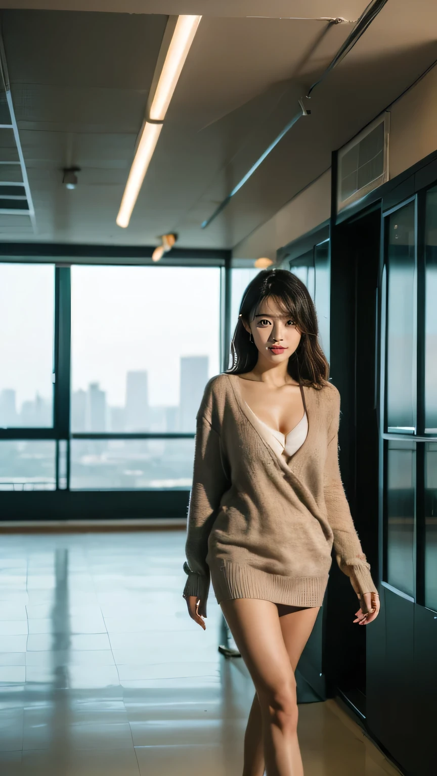 Veronica Cypher ((Walking through the local area, Happy)), masterpiece, Highest quality, Super detailed, alone, Cleavage:1.55,Glass office on the 50th floor, (View the viewer:1.2) (Skin Texture) (Film Grain: 1.3), (Warm colors, Warm tones): 1.2), close, Cinematic Light, Side light, Ultra-high resolution, Best Shadow, born, Wearing a pullover, Kodak Vision 3,