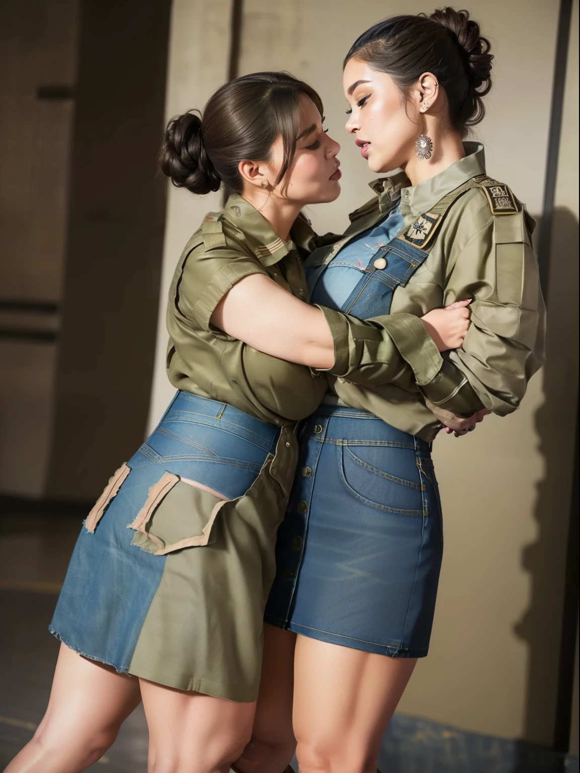 a tattooed voluptuous curvy busty young woman with a confident demeanor, updo hairstyle, (worn khaki military style shirt: 1.5), (denim skirt: 1.5) , high heeled stilettos: 1.9) making out with a middle-aged man in a suit, doggystyle, kissing, petting , groping , hugging , molested , full body shot