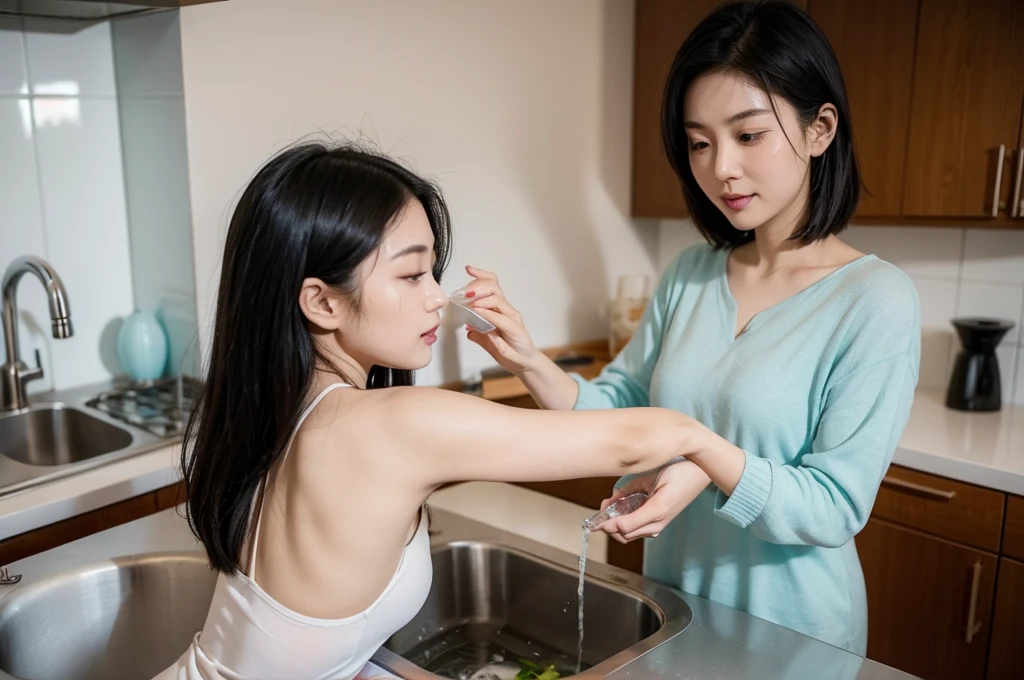 An Asian housewife in her 20s put her hand in the water in the sink. Then, she saw a kitchen peeling off small onions. High-quality realistic photo.