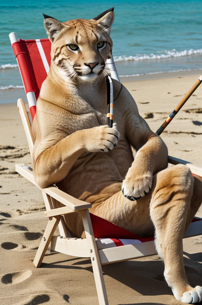 A puma sitting in a beach chair smoking a cigarette and saying: "it's cinema"