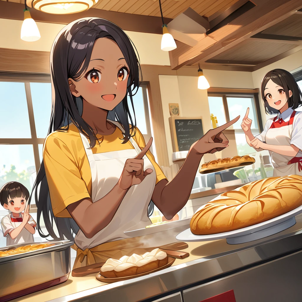 A confident smile, Home kitchen with large windows,Smiling children and their mothers,短いBlack Hair, Brown eyes,Brown Skin,Two studentaking a gesture commonly associated with the peace sign while speaking (Tele from the restaurant), skirt, Black Hair, indoor, Making pastries and pies, shirt, ((((Complete faithful finger))))