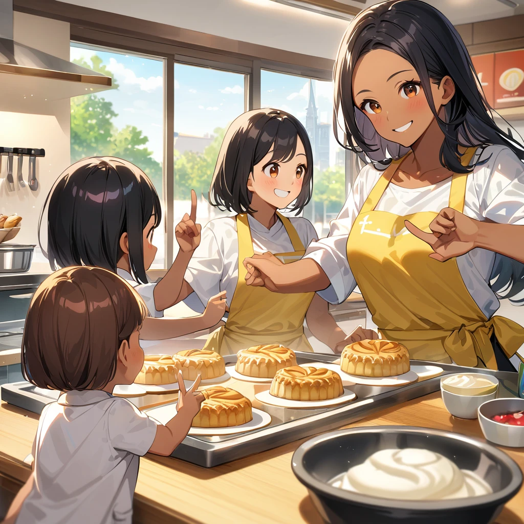 A confident smile, Home kitchen with large windows,Smiling children and their mothers,短いBlack Hair, Brown eyes,Brown Skin,Two studentaking a gesture commonly associated with the peace sign while speaking (Tele from the restaurant), skirt, Black Hair, indoor, Making pastries and pies, shirt, ((((Complete faithful finger))))